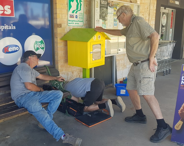 Rotary members installing a book swap item
